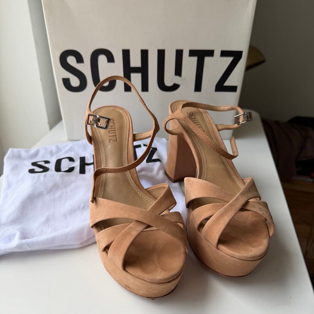 Schutz (7) Keefa Honey Beige Suede Platform Block Heel Sandals Ankle Strap